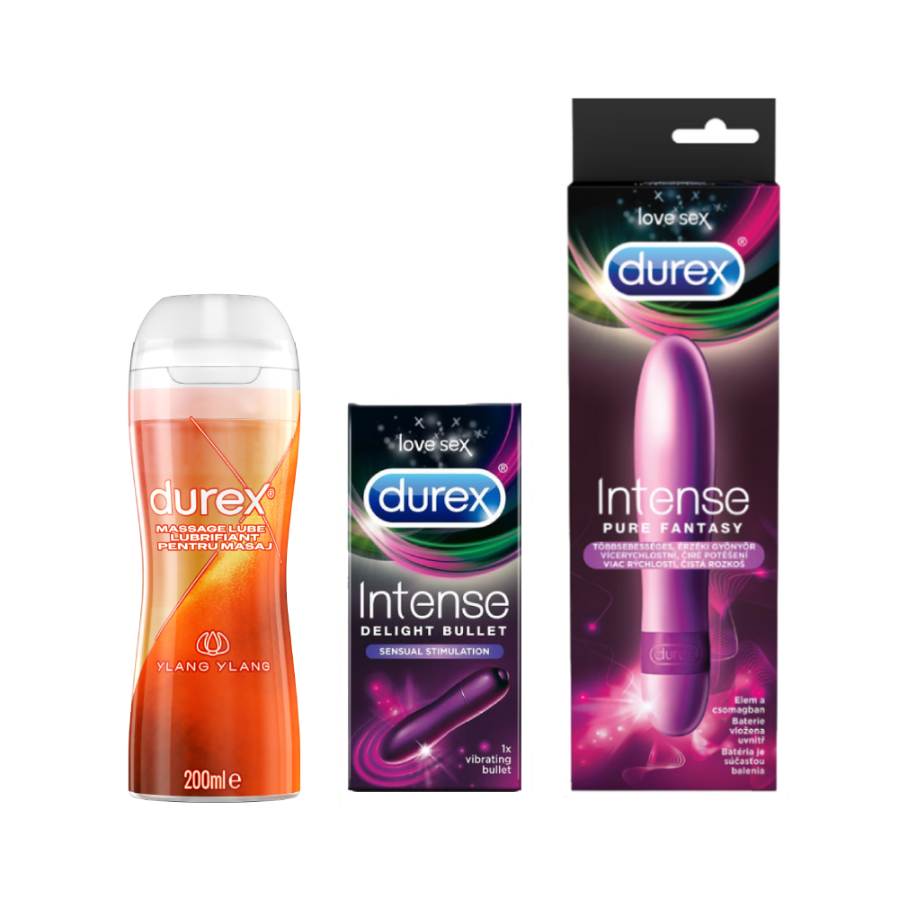 Pachet vibrator Pure Fantasy + Vibrator Intense Delight si Gel Massage Ylang Ylang 200 ml, Durex