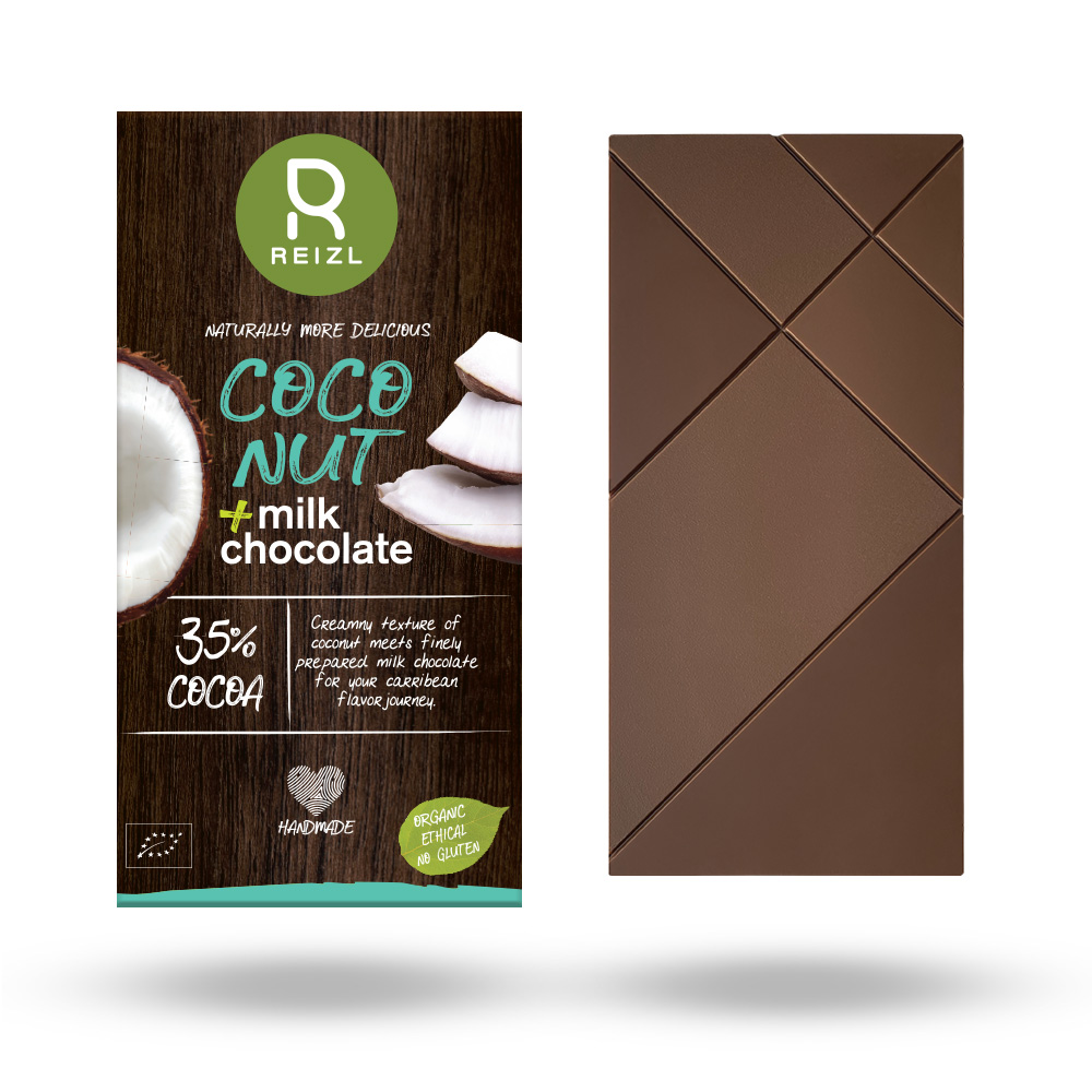 Ciocolata Bio cu lapte si nuca de cocos, 70 g, Reizl