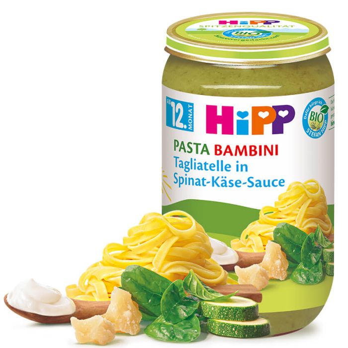 Meniu Bio Paste Tagliatelle cu sos de spanac si branza Pasta Bambini, +12 luni, 250 g, Hipp