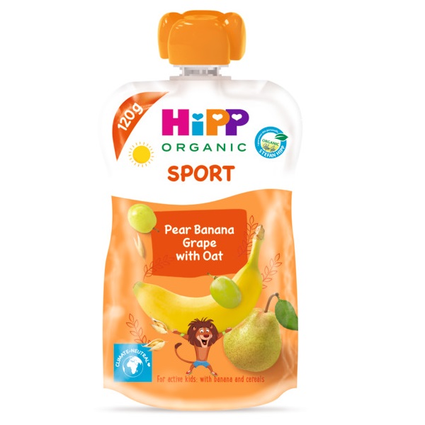 Piure Bio cu pere, banane, struguri si ovaz Sport, 120 g, Hipp