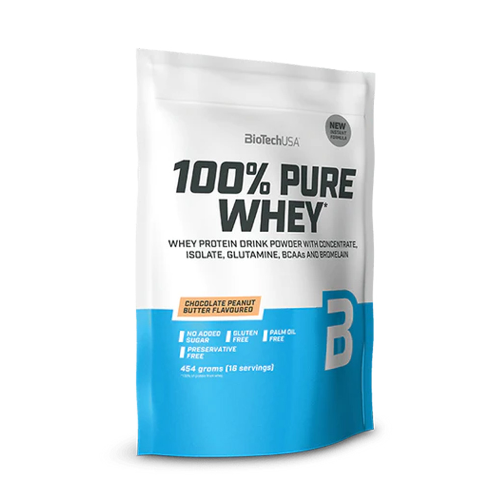 Pudra proteica 100% Pure Whey, 454, Unt de arahide cu ciocolata, BioTech USA