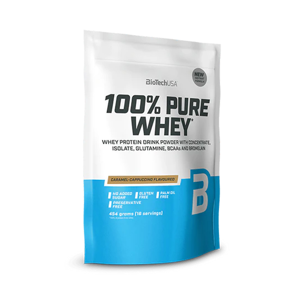 Pudra proteica 100% Pure Whey, 454g, Caramel Cappuccino, BioTech USA