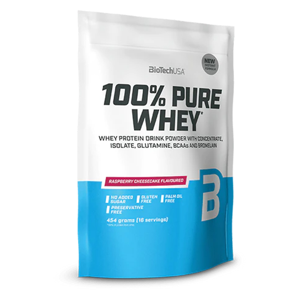 Pudra proteica 100% Pure Whey, 454g, Cheesecake cu zmeura, BioTech USA