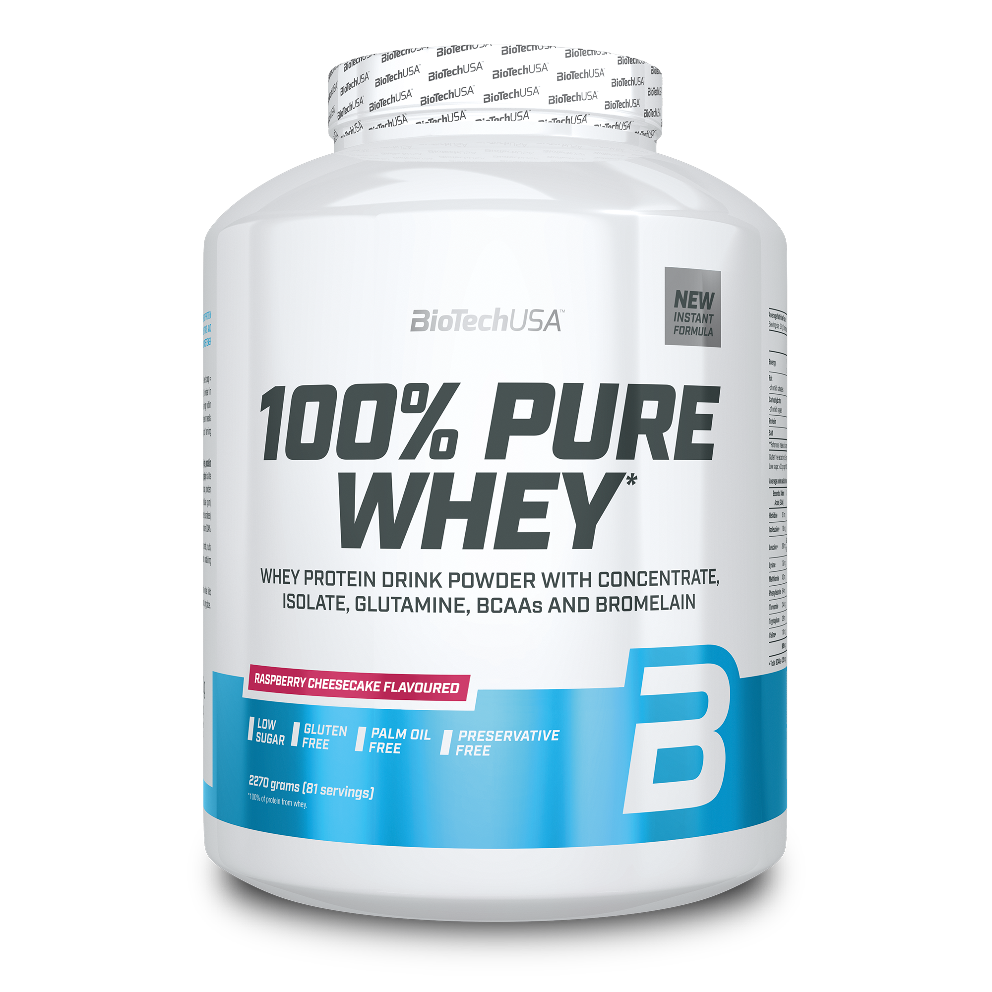 Pudra proteica 100% Pure Whey, Cheesecake cu Zmeura,2270 g, BioTech USA