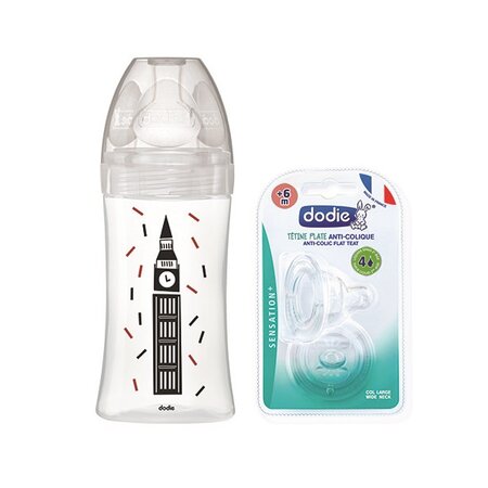 Pachet Biberon din sticla cu functie senzoriala si tetina plata anti-colici Debit 2+ 2 tetine