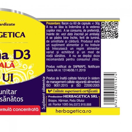 Vitamina D3 naturala 3000 UI, 60 capsule, Herbagetica 535202