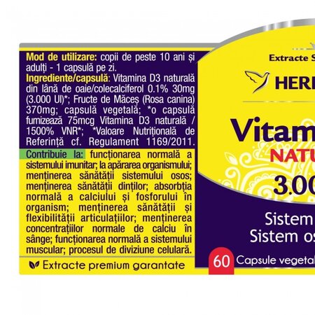 Vitamina D3 naturala 3000 UI, 60 capsule, Herbagetica 535204