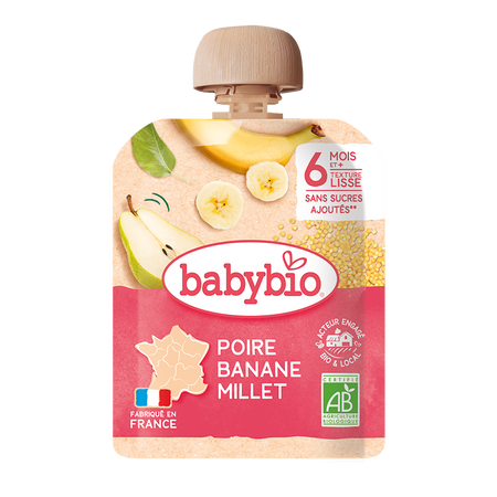 Piure Pouch de pere, banane si mei, 90 gr, Babybio