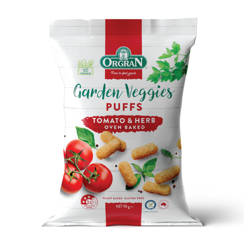 Pufuleti cu rosii si plante aromatice Veggie Garden, 90 g, Orgran