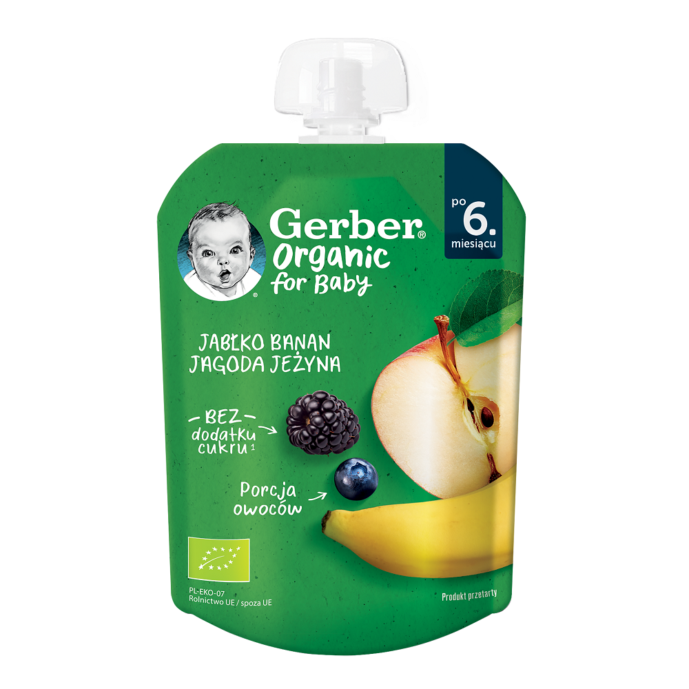 Piure bio din mar, banana, afine si mure, +6 luni, 80 gr, Gerber