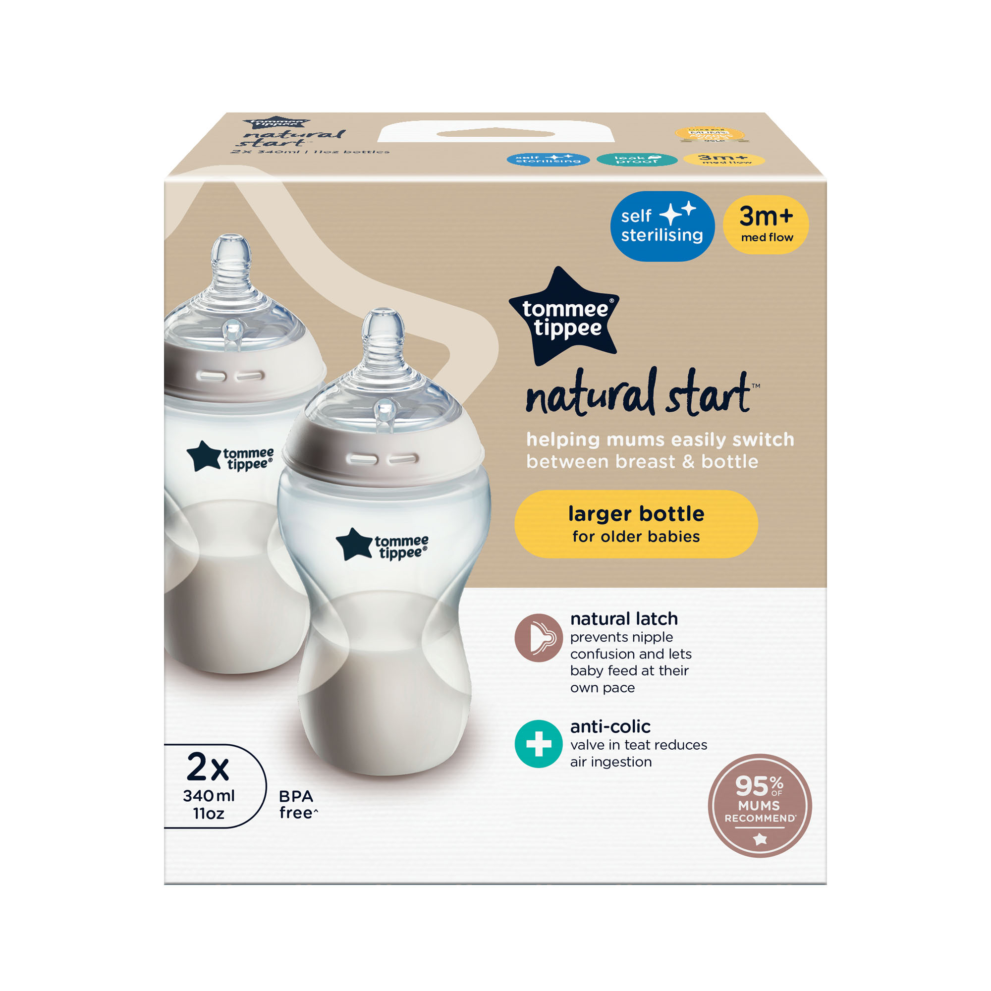 Set biberoane cu autosterilizare din PP Natural Start, 3 luni+, 2x340 ml, Tommee Tippee