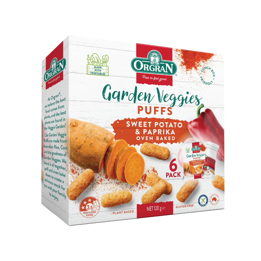 Pachet Pufuleti cu cartof dulce si paprika Veggie Garden, 6 x 20 g, Orgran