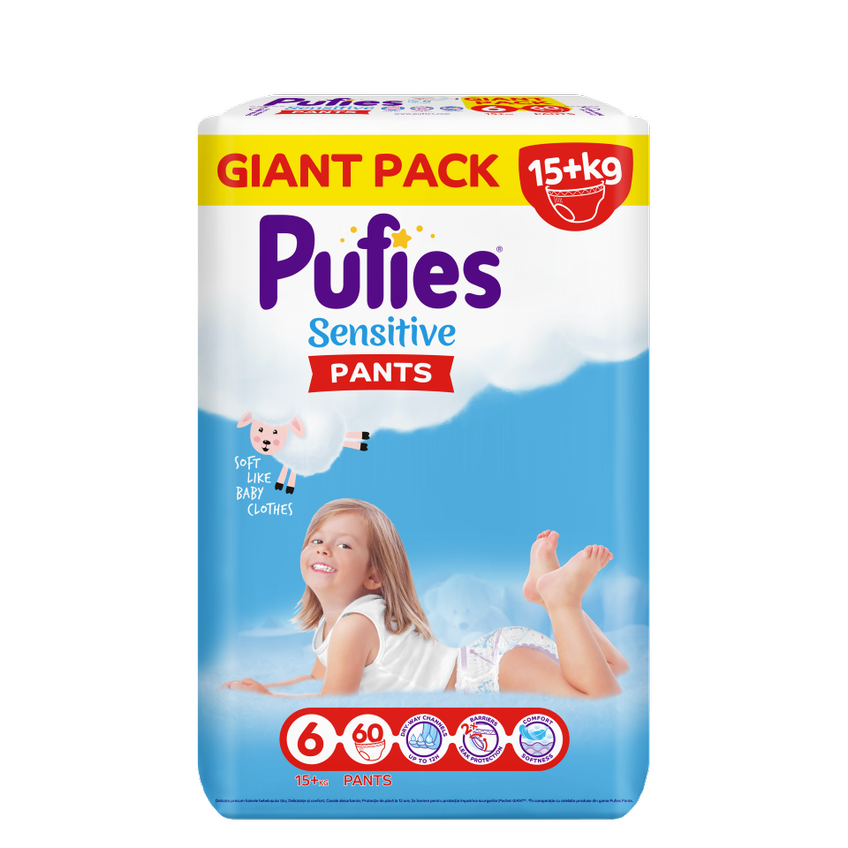 Scutece Pants Sensitive GP Extra Large, nr. 6,  15+ Kg, 60 bucati, Pufies