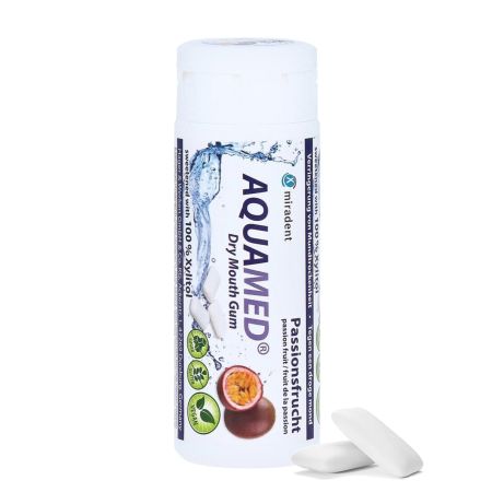 Guma de mestecat pentru gura uscata fara zahar Aquamed Passion Fruit, 30 bucati, Miradent 713645