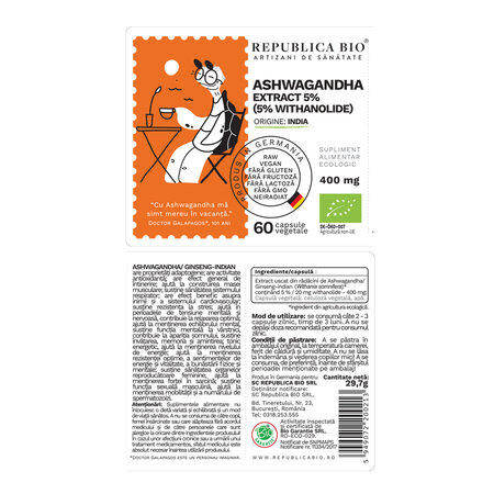 Ashwagandha 400 mg, 60 capsule, Republica Bio 762501