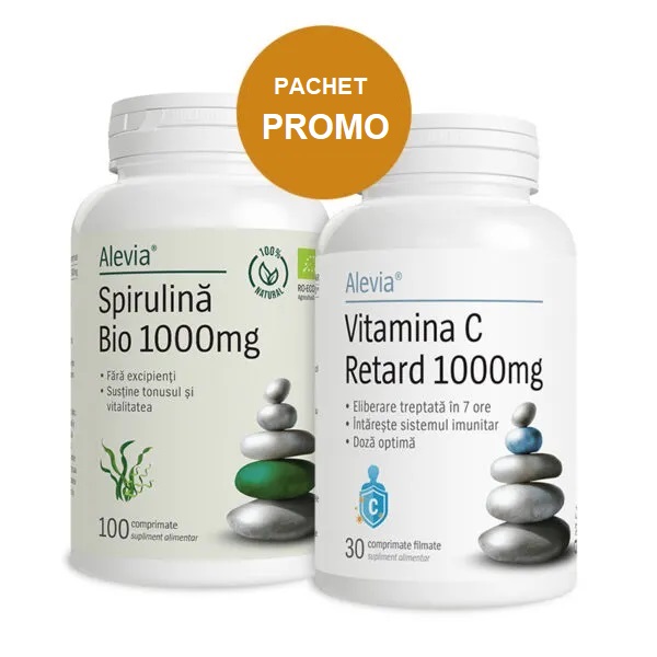 Spirulina Bio 1000 mg + Vitamina C Retard, 1000 mg, 100 + 30 comprimate, Alevia