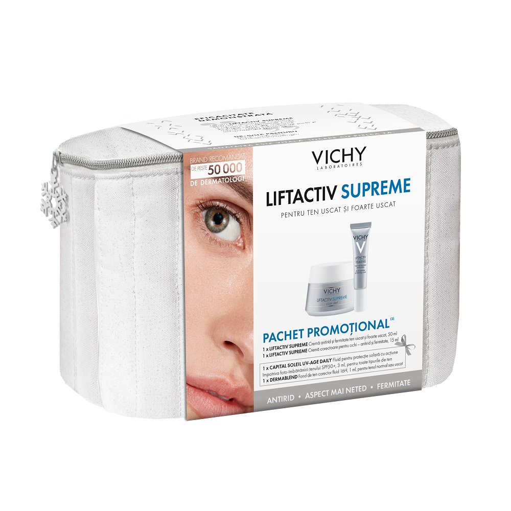 Pachet Crema antirid pentru ten uscat  + Crema contur ochi Liftactiv Supreme, 50/15 ml, Vichy