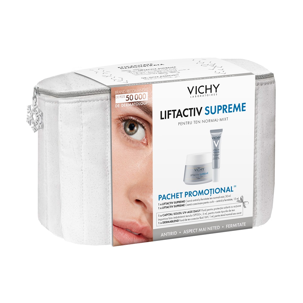 Pachet Crema pentru ten normal-mixt + Crema contur ochi Liftactiv Supreme, 50/15 ml, Vichy