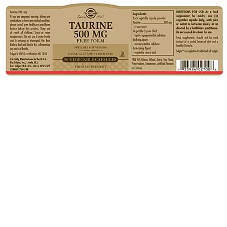 Taurine, 500 mg, 50 capsule, Solgar 537392