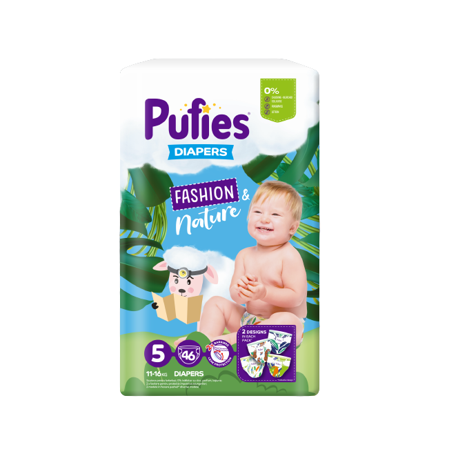 Scutece Junior Fashion & Nature, nr. 5, 11-16 kg, 46 bucati, Pufies