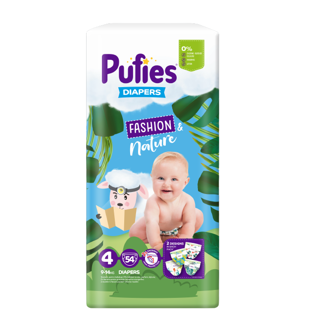 Scutece Pufies Maxi Pack Fashion & Nature, 9-14 kg, 4 Maxi, 54 buc, Pufies