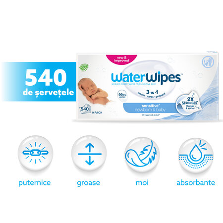 Servetele umede pentru bebelusi fara parfum Sensitive+, +0 luni, 9x60 bucati, WaterWipes 781234