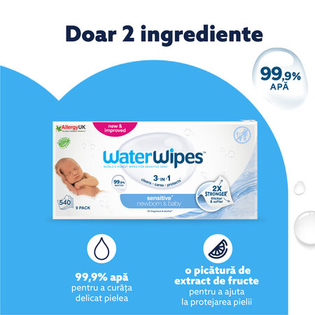 Servetele umede pentru bebelusi fara parfum Sensitive+, +0 luni, 9x60 bucati, WaterWipes 781233