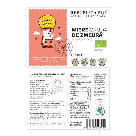 Miere cruda de Zmeura Eco, 700 g, Republica Bio 762384