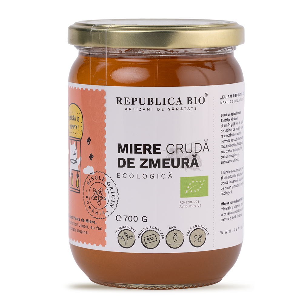 Miere cruda de Zmeura Eco, 700 g, Republica Bio