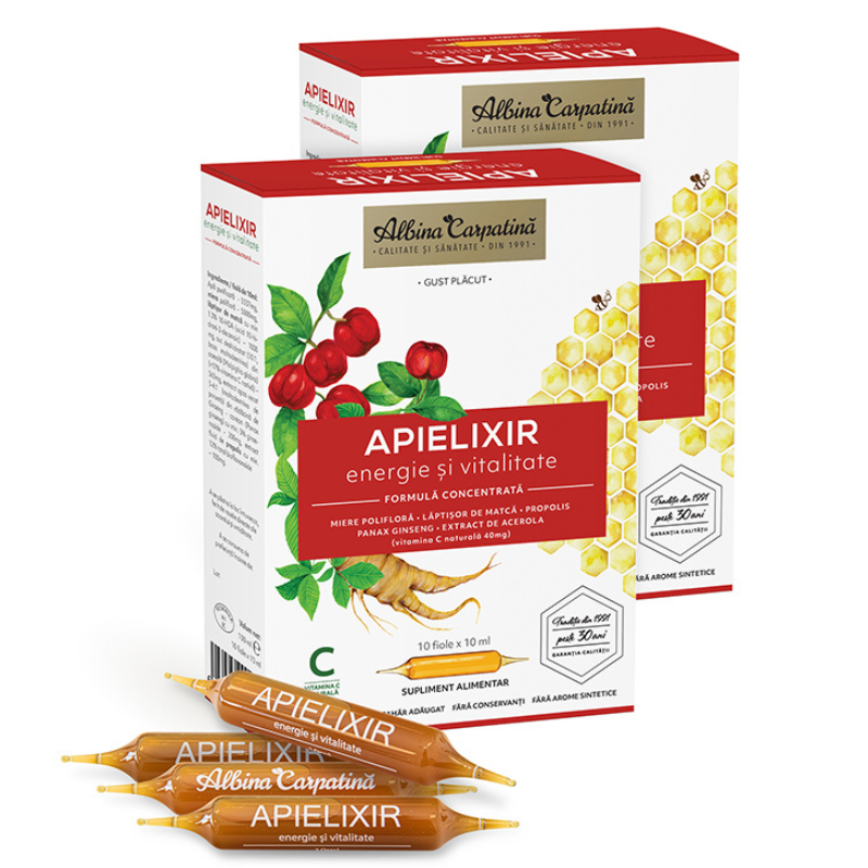 Pachet Apielixir energie si vitalitate, 20+10 fiole x 10ml, Albina Carpatina