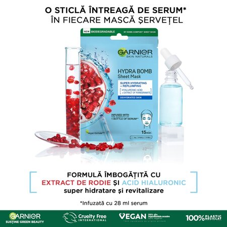 Masca servetel Garnier cu rodie Hydra Bomb, 28 g, Loreal 538639