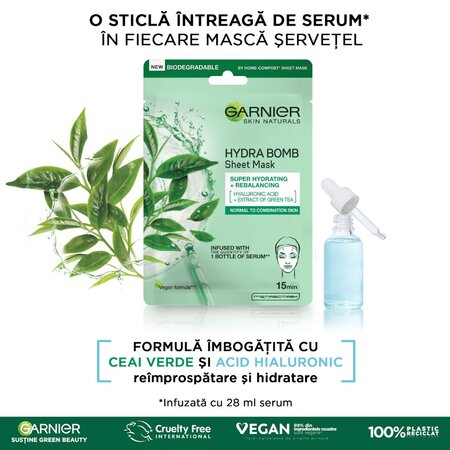 Masca servetel Garnier cu ceai verde Hydra Bomb, 28 g, Loreal 538651