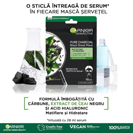 Masca servetel Garnier cu ceai negru Pure Charcoal, 28 g, Loreal 538700