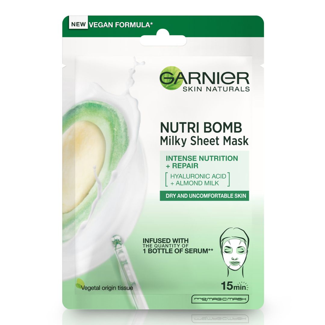 Masca servetel Garnier cu Lapte de Migdale si Acid Hialuronic Nutri Bomb, 28 g, Garnier