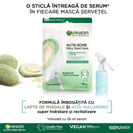 Masca servetel Garnier cu Lapte de Migdale si Acid Hialuronic Nutri Bomb, 28 g, Garnier 538722