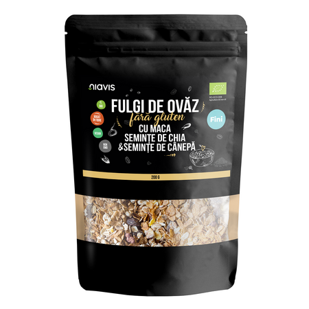 Fulgi de ovaz fini eco cu maca, seminte de chia si seminte de canepa