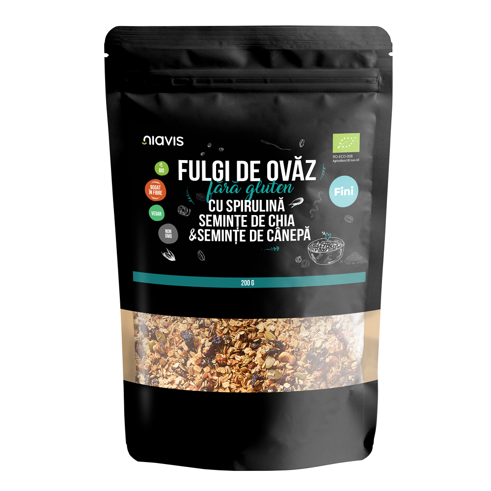 Fulgi de ovaz fini Bio cu spirulina, chia si seminte de canepa, 200 gr, Niavis Bio