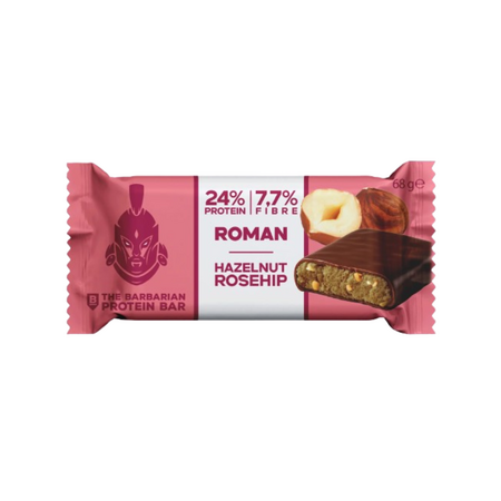 Baton proteic bio invelit in ciocolata cu alune de padure si macese, 68 g, The Barbarian