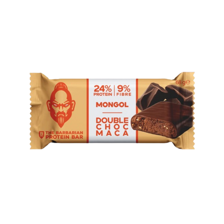 Baton proteic bio invelit in ciocolata dubla si Maca, 68 g, The Barbarian