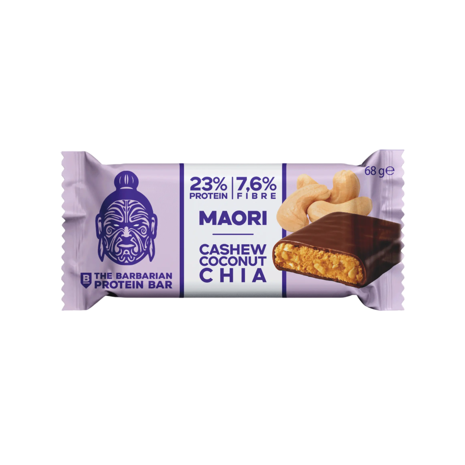 Baton proteic bio invelit in ciocolata cu caju, cocos si chia Maori, 68 g, The Barbarian