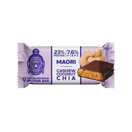 Baton proteic bio invelit in ciocolata cu caju, cocos si chia, 68 g, The Barbarian