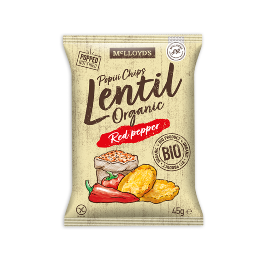 Chipsuri Bio expandate din linte rosie si ardei rosu, 45 g, Mc Lloyd's