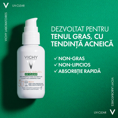Fluid de protectie solara UV Clear, pentru ten gras cu tendinta acneica SPF 50 + Capital Soleil, 40 ml, Vichy 540781