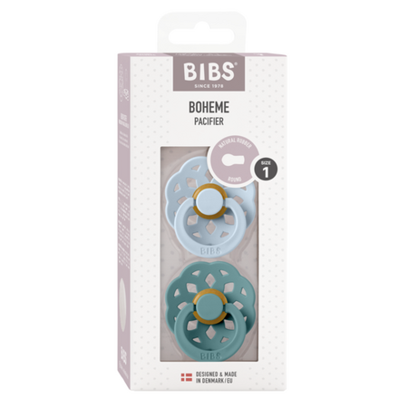 Set 2 suzete cu tetina rotunda Boheme Latex, +0 luni, Baby Blue - Island Sea, Bibs 540797