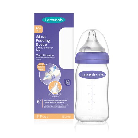 Biberon din sticla cu tetina din silicon, +1luna, 160 ml, Lansinoh 503139