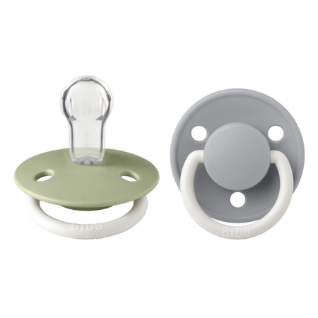 Set 2 suzete fosforescente cu tetina rotunda universala din silicon De Lux Glow, 0 - 3 ani, Sage - Cloud