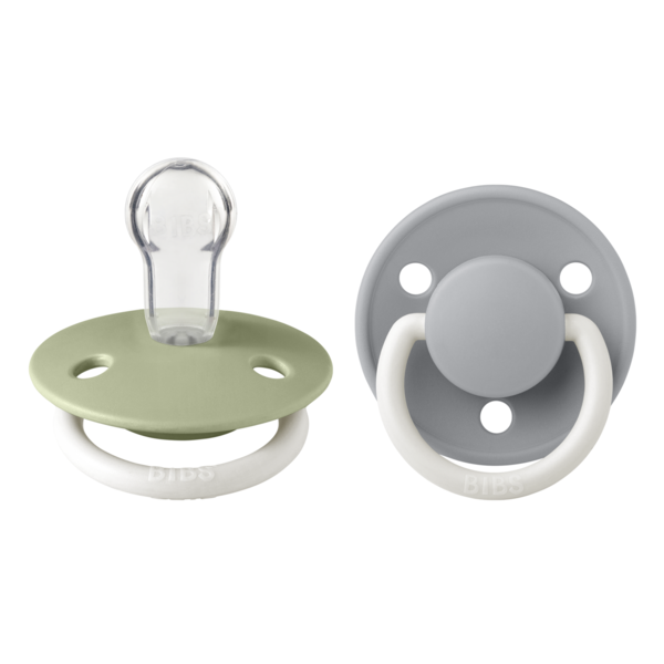 Set 2 suzete fosforescente cu tetina rotunda universala din silicon De Lux Glow, 0 - 3 ani, Sage - Cloud, Bibs