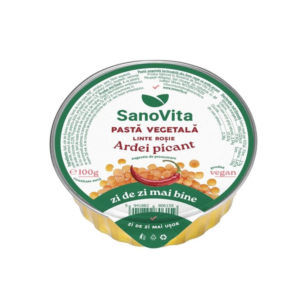 Pasta vegetala din linte rosie cu ardei picant, 100 g, Sanovita