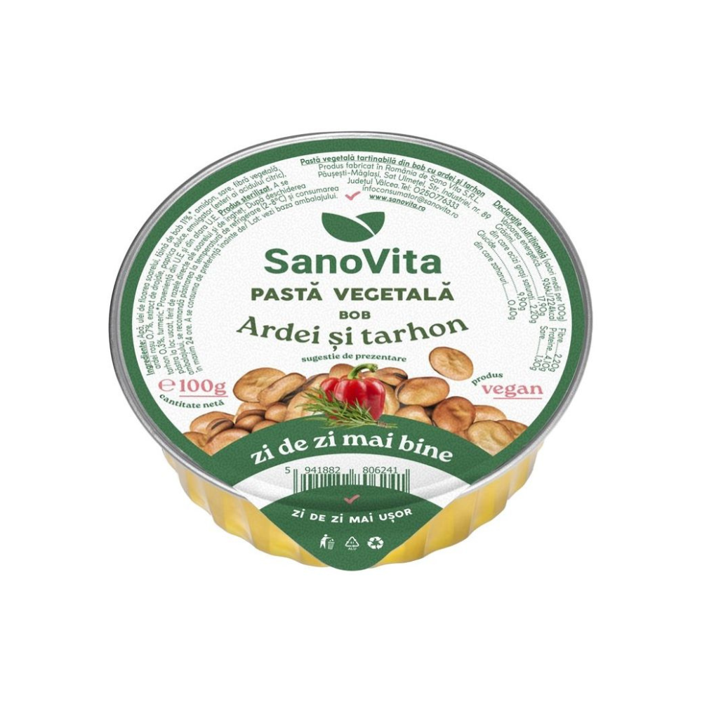 Pasta vegetala din bob cu ardei si tarhon, 100 g, Sanovita