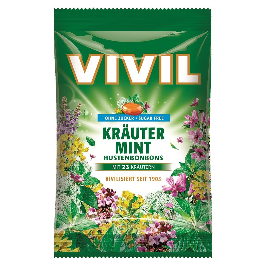 Bomboane cu plante naturale si menta fara zahar, 60 g, Vivil
